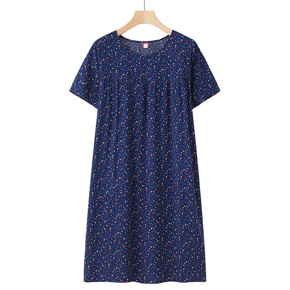 WCJM Women's blended dress Navy Summer Cotton Silk Short Sleeved Sleep Dress For Middle Aged Women New Loose Fitting Home Wear Elderly Sleepwear Plus Size Dress Polyester,Cotton Lingerie Dress