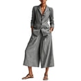thumbnail image 3 of QATAINLAV Linen Blazer and Pants Matching Set for Women Dressy Casual Work Jackets with Wide Leg Capris 2 Piece Business Outfits Gray XL, 3 of 9