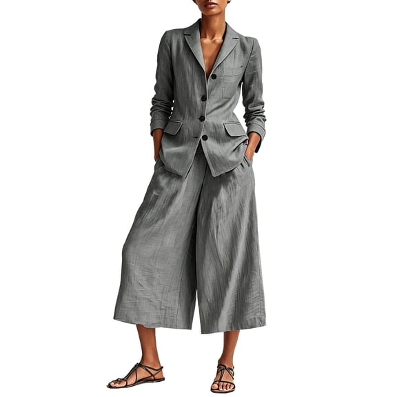 2 Piece Sets for Women,Linen Blazer and Pants Matching Set for Women Dressy Casual Work Jackets with Wide Leg Capris 2 Piece Business Outfits