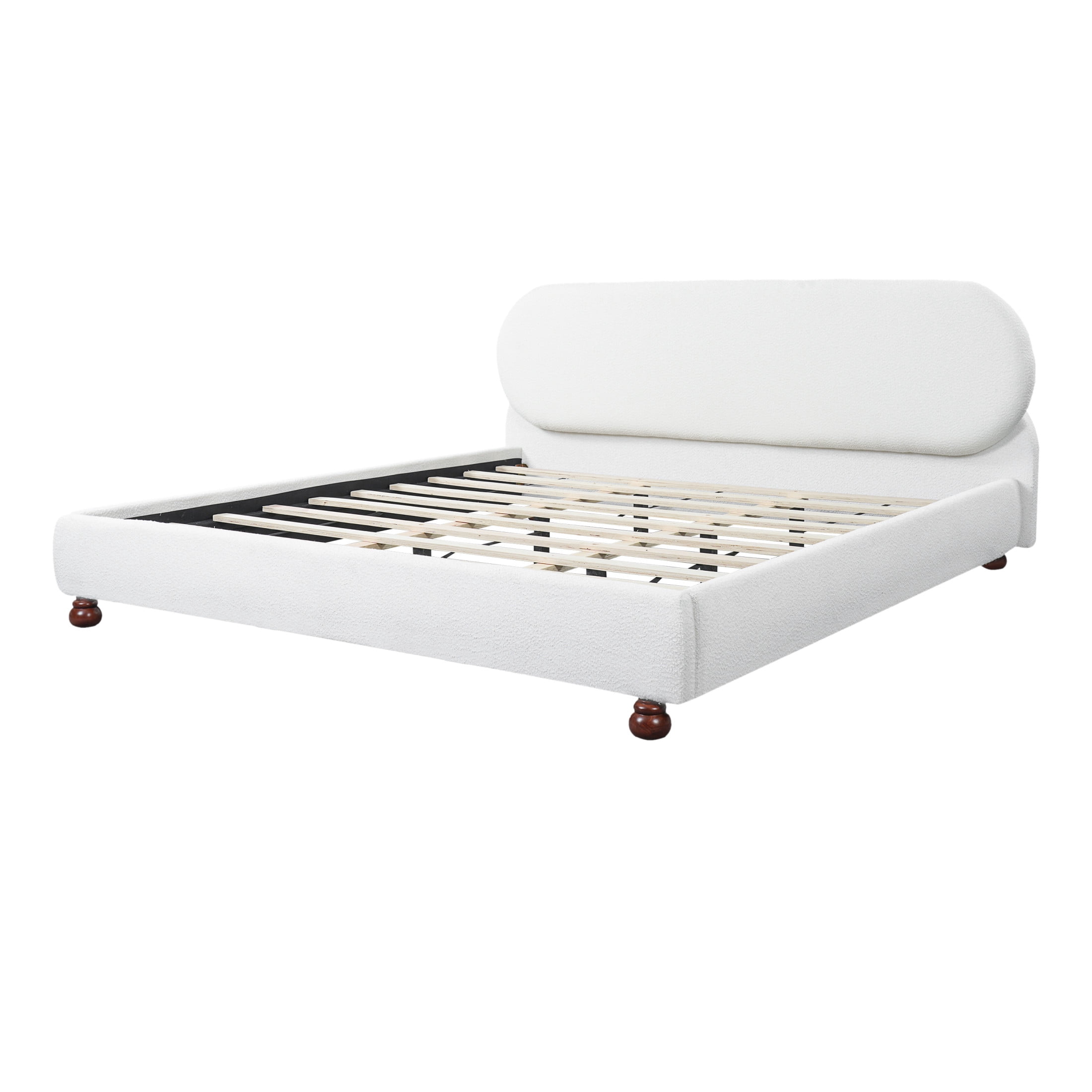 Christopher Knight Home Modern King Boucle Upholstered Bed Frame with Rubberwood Legs, White