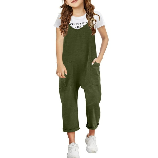 Girls Casual Sleeveless Jumpsuits - Spaghetti Strap Loose Overalls Rompers with Pocket for 4-13Y
