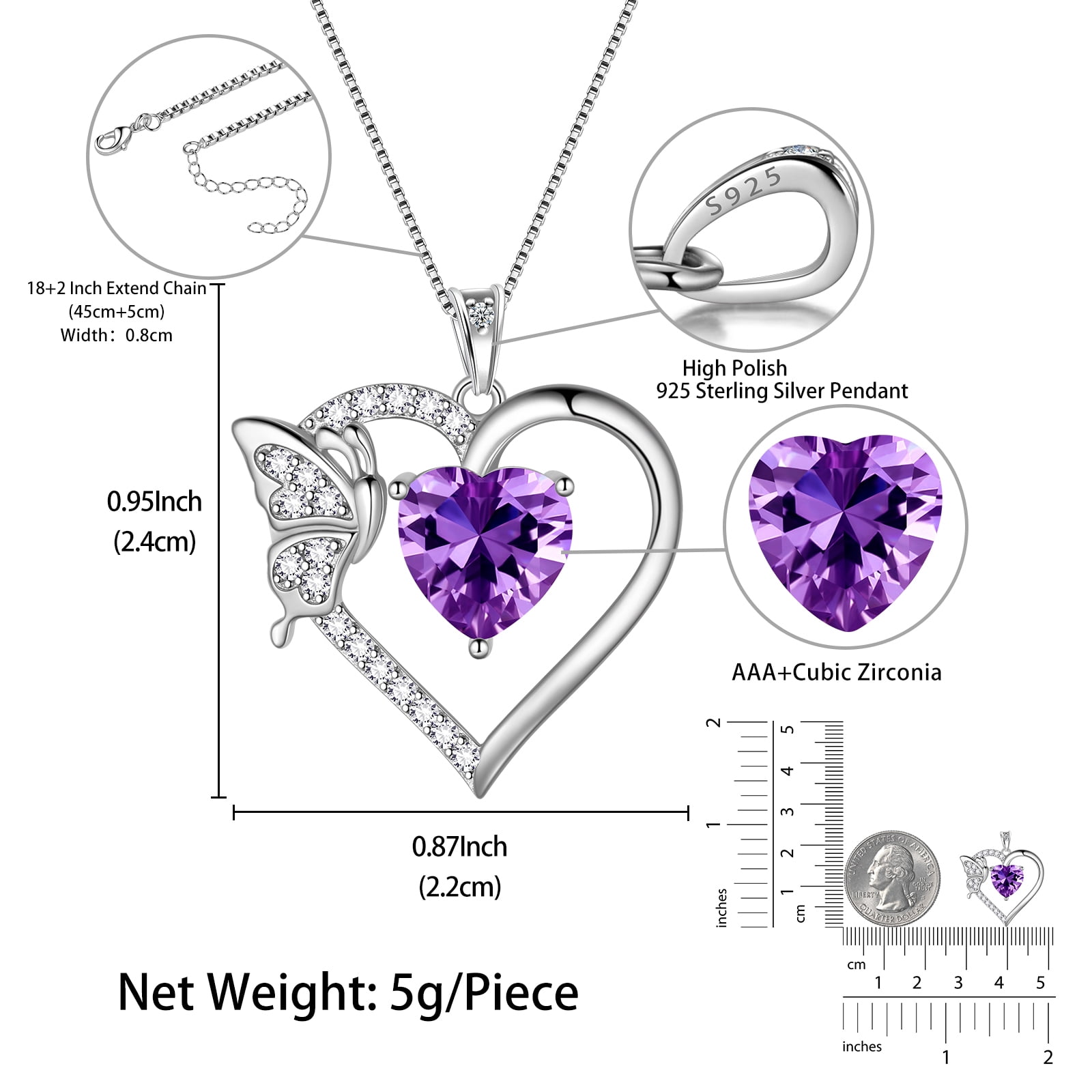 Purple Heart Necklace Butterfly February Birthstone Necklace Amethyst CZ 925 Sterling Silver Pendant Jewelry Women Birthday Valentine's Day Gift