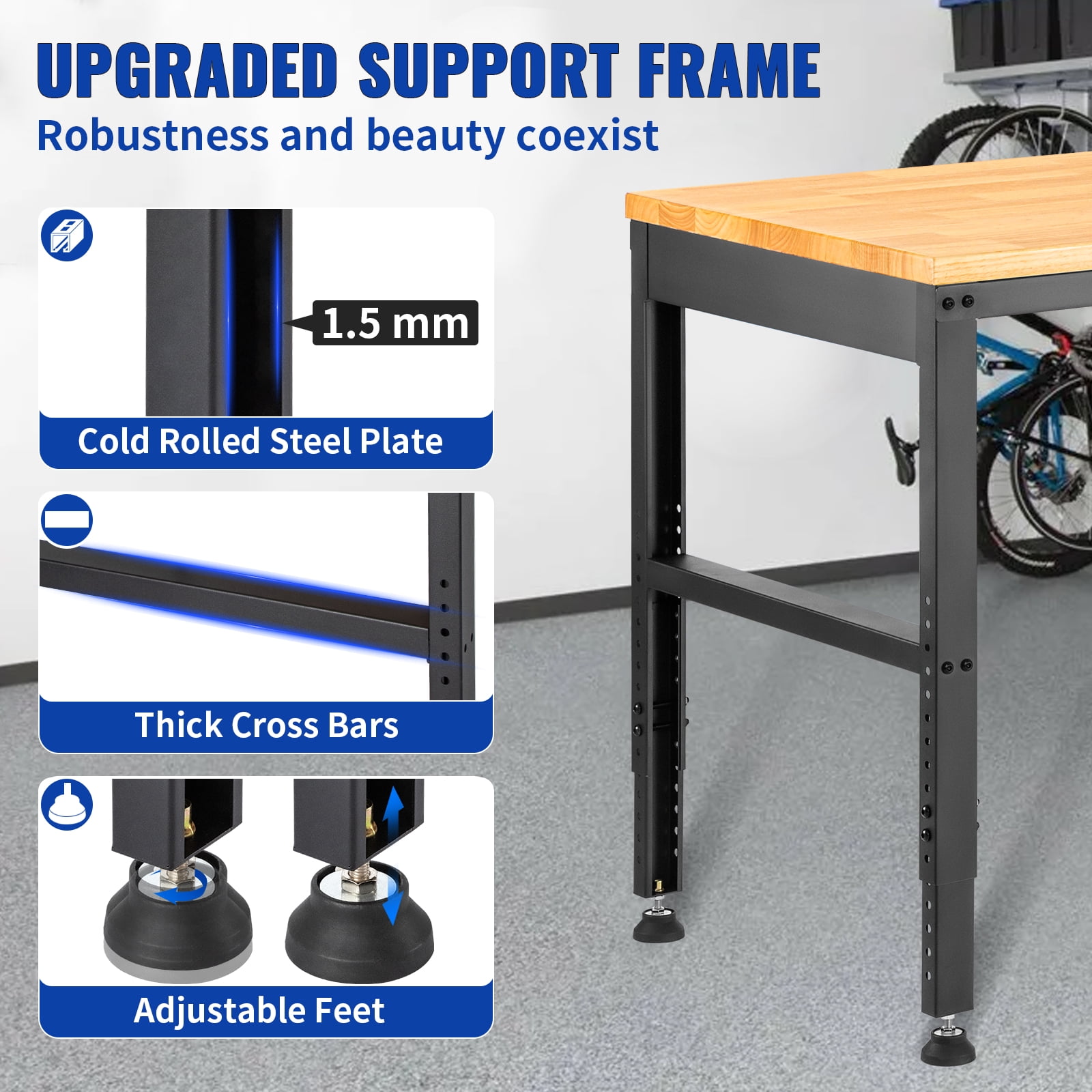 VEVOR Adjustable Workbench, 72" x 25" Multi-Purpose Work Bench with 28.5" - 38.3" Height Range and 2000 lbs Capacity, Power Outlets & Hardwood Top & Metal Frame & Foot Pads, Workshop Garage Table