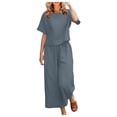 thumbnail image 2 of 2 Piece Outfits for Women Summer Cotton Linen Sets Lounge Solid 3/4 Sleeve Embroidered Top Matching Causal Wide Leg Pants, M, 2 of 7
