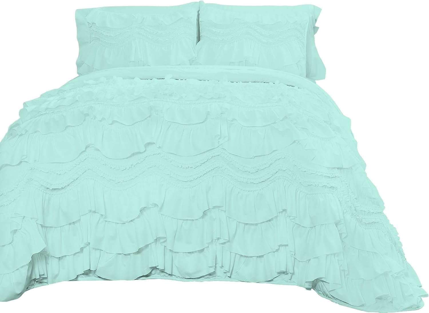 D.N.G. BEDDINGS 800 Thread Counts, 100% Egyptian Cotton, 550 GSM Microfiber filled Quilt Ruffled With Small Pom Pom Textured 1 Piece Full/Queen Size Comforter, Aqua Blue