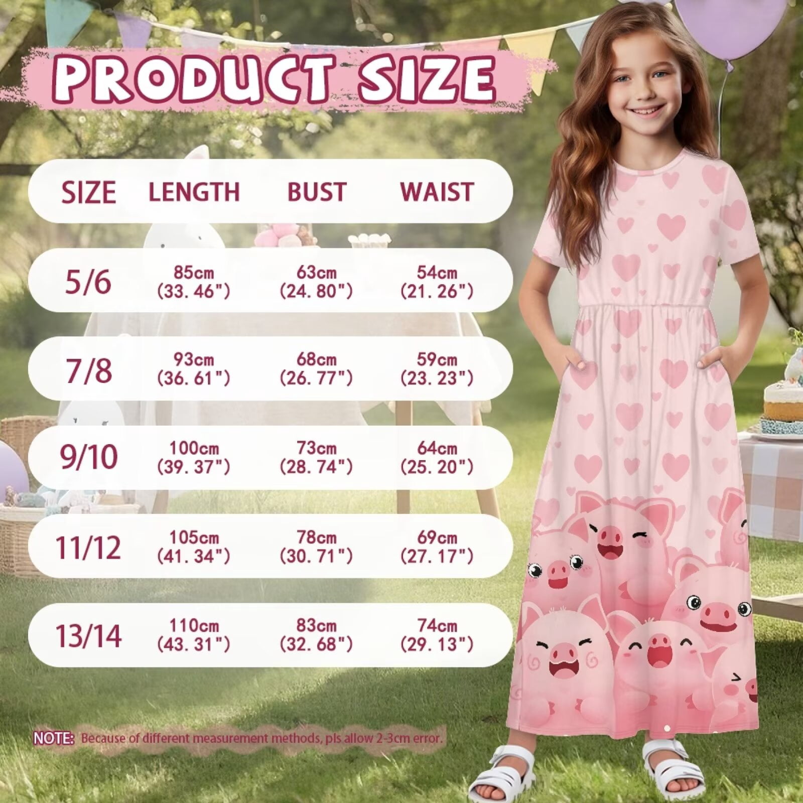 Uourmeti Girl's Short Sleeve Dress Cartoon Pig Hearts Print Round Neck Loose Casual Long Maxi Dress with Pockets Flowy Cute Outfits, Size 5-6 Years