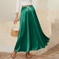 thumbnail image 2 of LWavelet Women Satin Flared Midi Skirt Elastic Drawstring Waist Elegant Evening Wedding Guest Skirt Dark Green M, 2 of 6