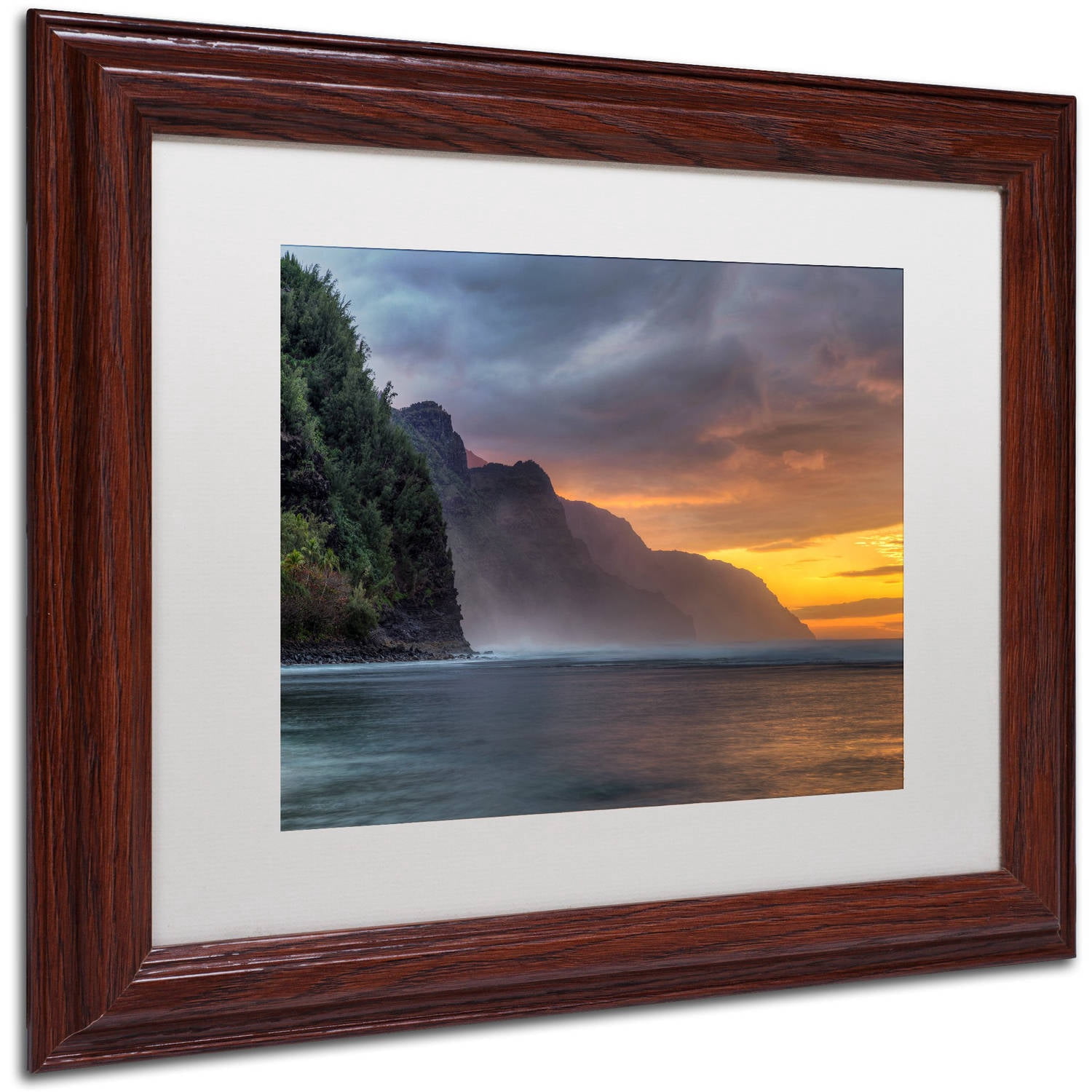 Trademark Fine Art 'Napali Sunset Kauai' Canvas Art by Pierre Leclerc, White Matte, Wood Frame