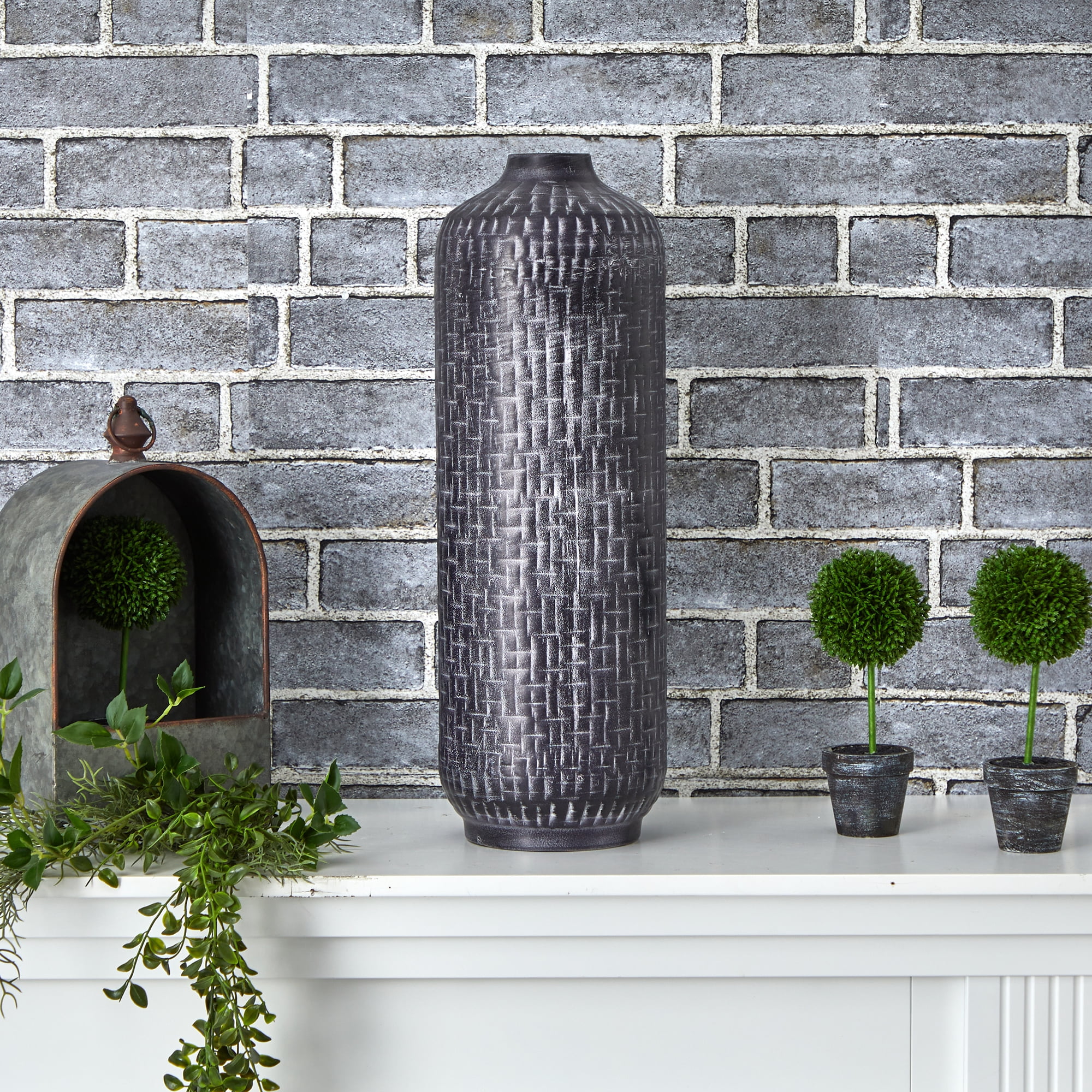 Nearly Natural 21in. Embossed Metal Cylinder Vase, Gray