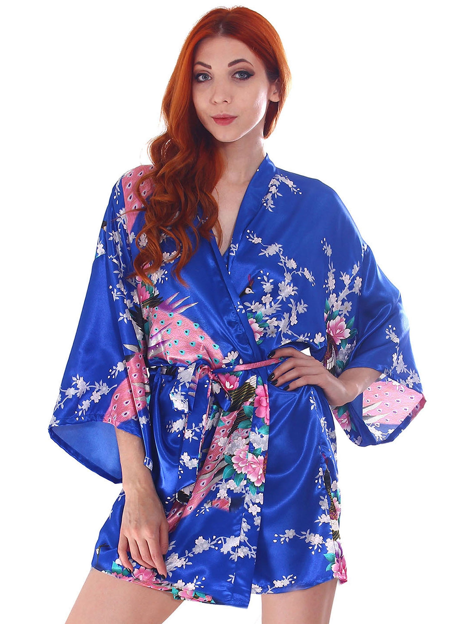 Women's Kimono Robe Peacock & Blossoms Knee Length Wedding Short Robe