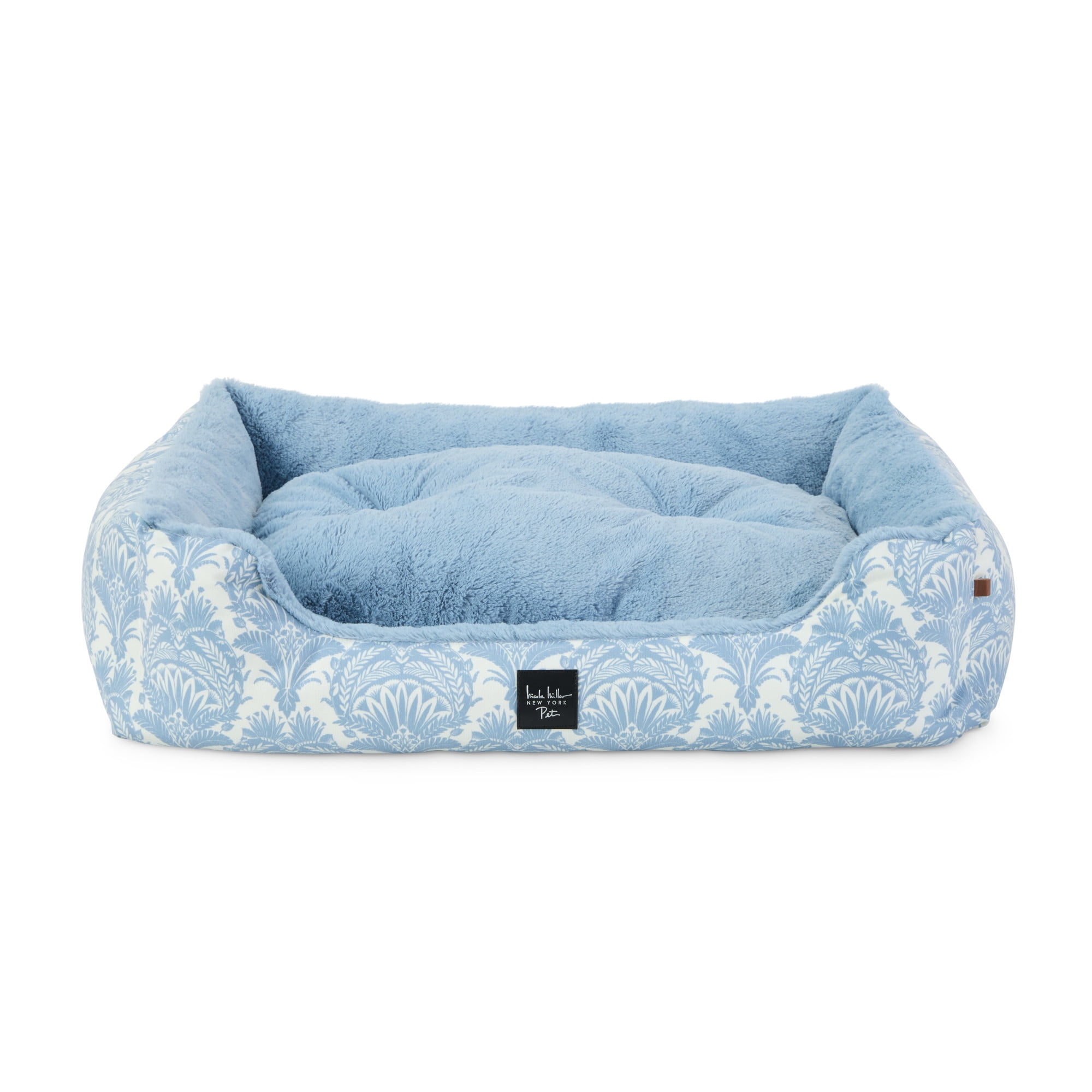 NICOLE MILLER NEW YORK PET Mod Damask Plushy Bolster Pet Bed, Cozy & Calming, Water Repellent, Non-Slip Bottom, 100% Machine Washable, Blue, Large 35"x28"x8"