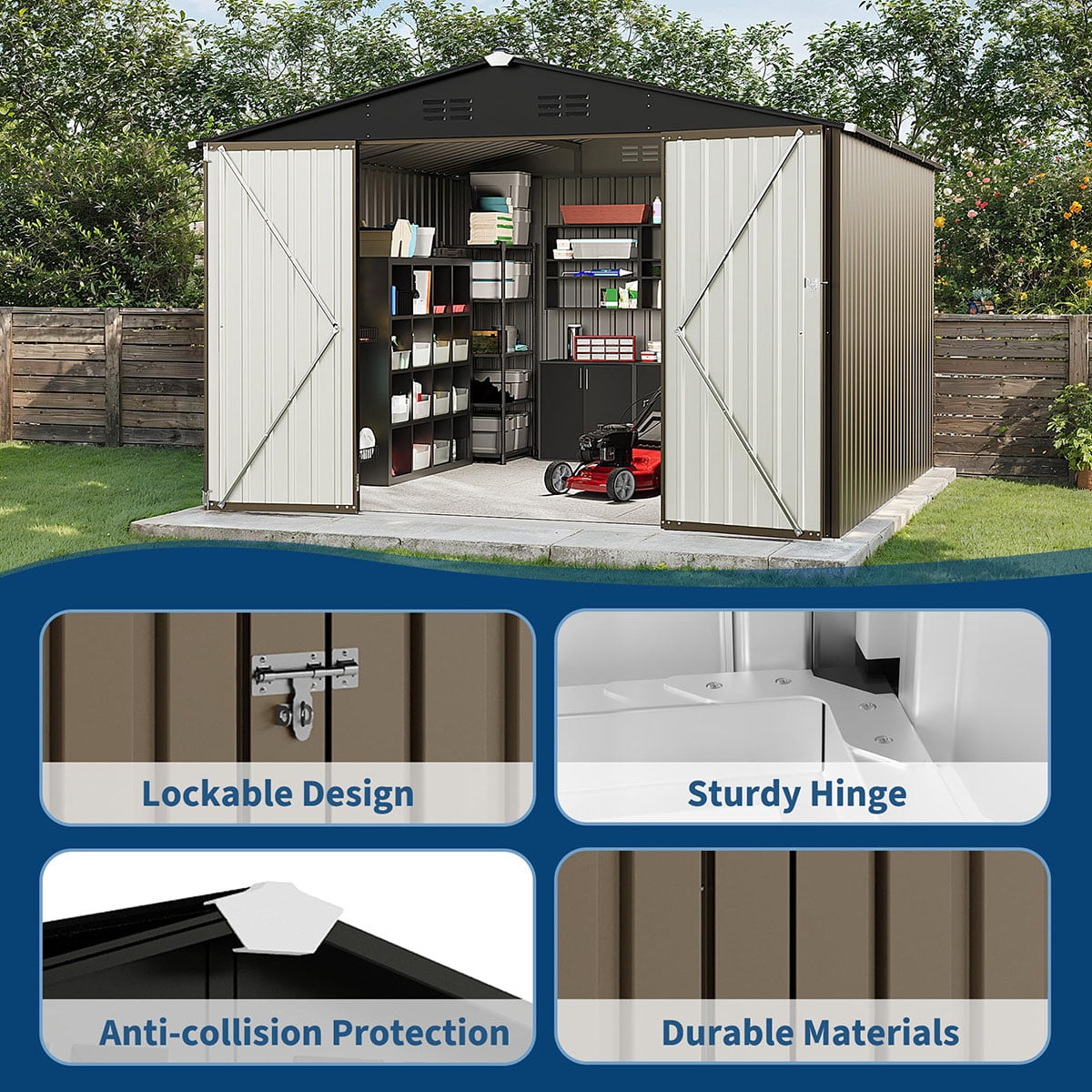Soonbuy 10x10 FT Outdoor Storage Shed, Large Metal Garden Shed with Lockable Door & Peak Roof, 540 Cu Ft Capacity, All-Weather Galvanized Steel Tool Shed for Backyard, Patio, Lawn (ship in 3 boxes)