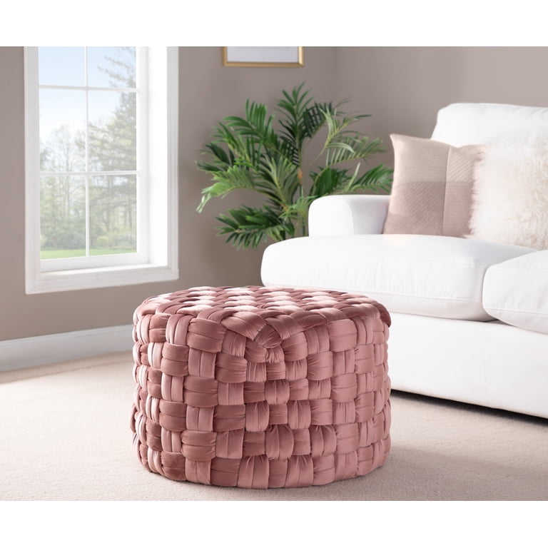 Round Pouf Foot Stool Ottoman, Modern Velvet Foot Rest for Couch, Upholstered Braided Ottoman for Living Room, Bedroom, Pink