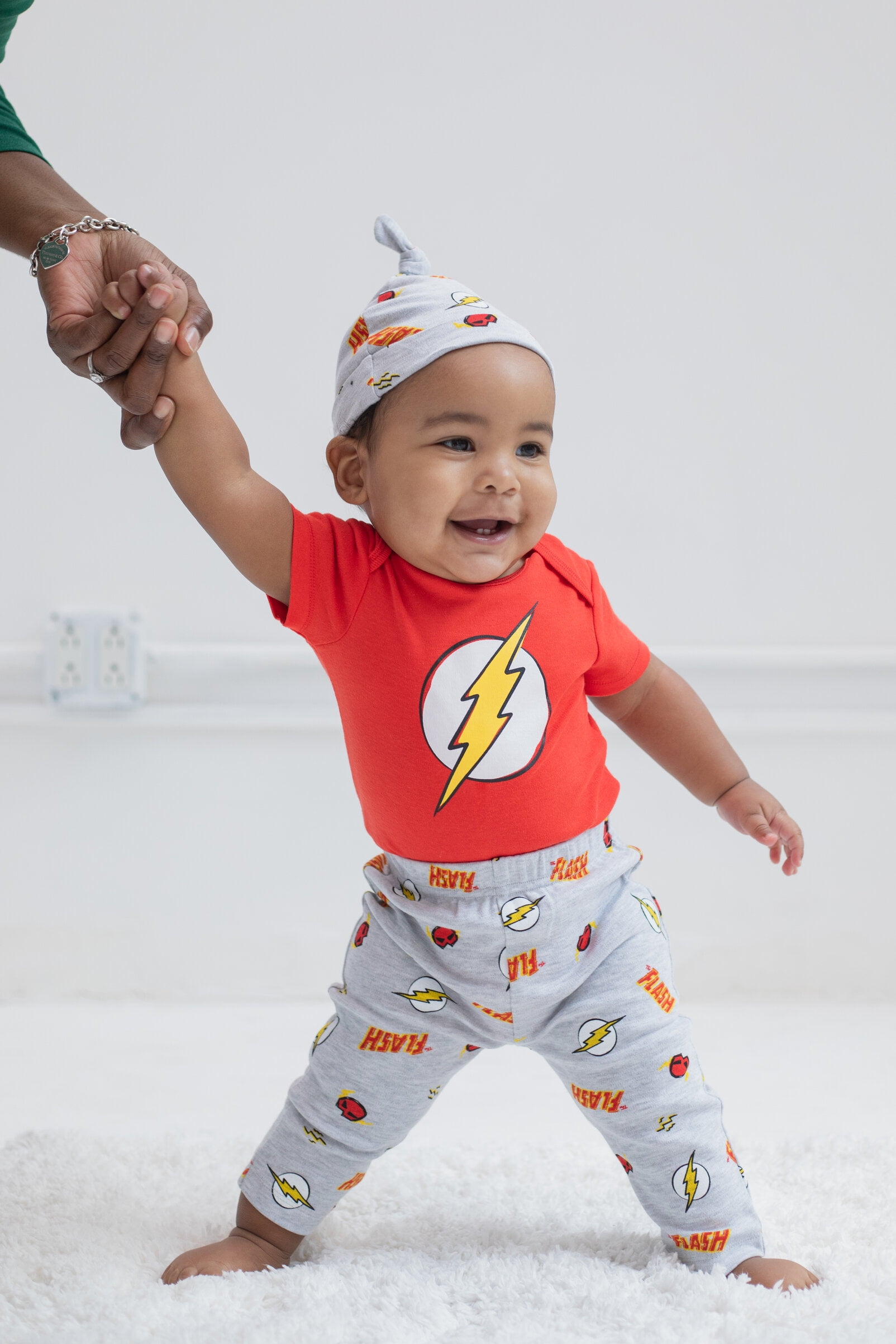 DC Comics Justice League The Flash Infant Baby Boys Bodysuit Pants and Hat 3 Piece Outfit Set Newborn to Infant