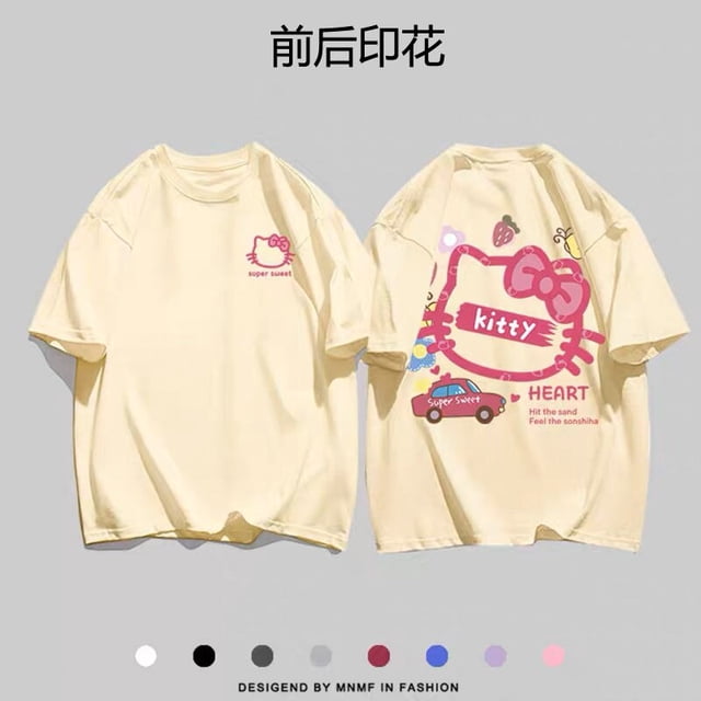 Sanrios Kawaii-Camiseta de manga corta de algodón para niños, Camiseta holgada de media manga con dibujos animados de Hello Kitty, regalo de cumpleaños