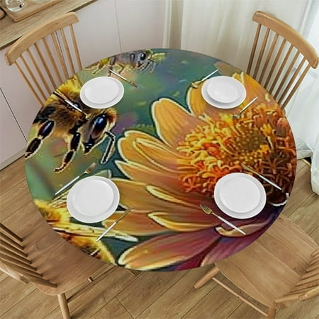 

Patifu Bee Flower Fantasy Art Round Tablecloth Stain-Resistant Washable Elastic Edge Tablecloth for Indoor Outdoor Home Restaurants Weddings Parties 54 -58