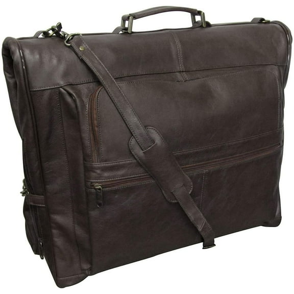 HomeStock Leather Three-Suit Garment Bag in Top Grain Genuine Leather with Shoulder Strap, Spacious Compartments, and Wrinkle-Free Suit Holder, 23" x 5" x 19"