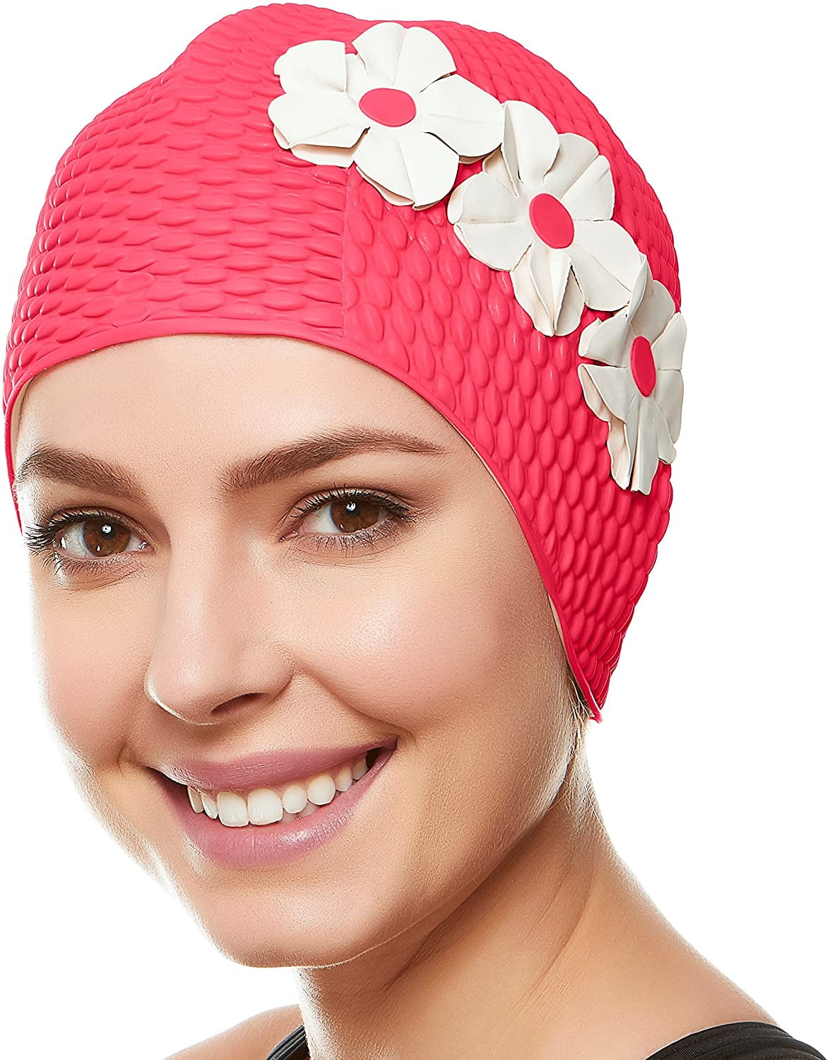 Beemo Swim Bathing Caps for Women Latex Swim Hat Pink with White