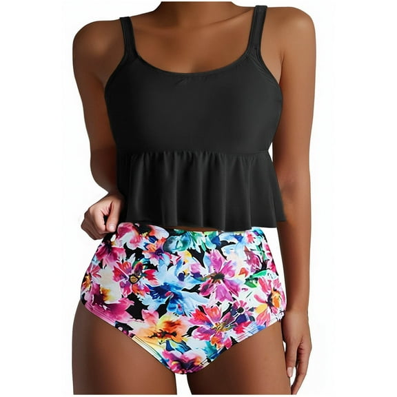 Akafmk Tankini Swimsuits for Women Two Piece Bathing Suits Loose Fitting Swim Tops with Floral Printed Swim Brief Comfortable Athletic Swimwear, Sizes S-2XL