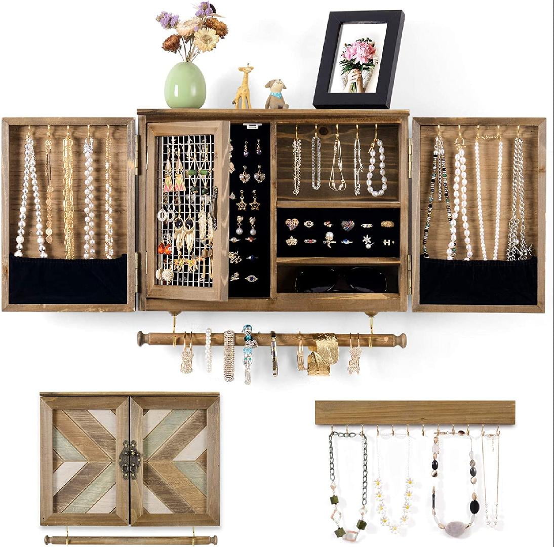 Ikkle Wooden Jewelry Organizer Wall Mounted Rustic Jewelry Holder with