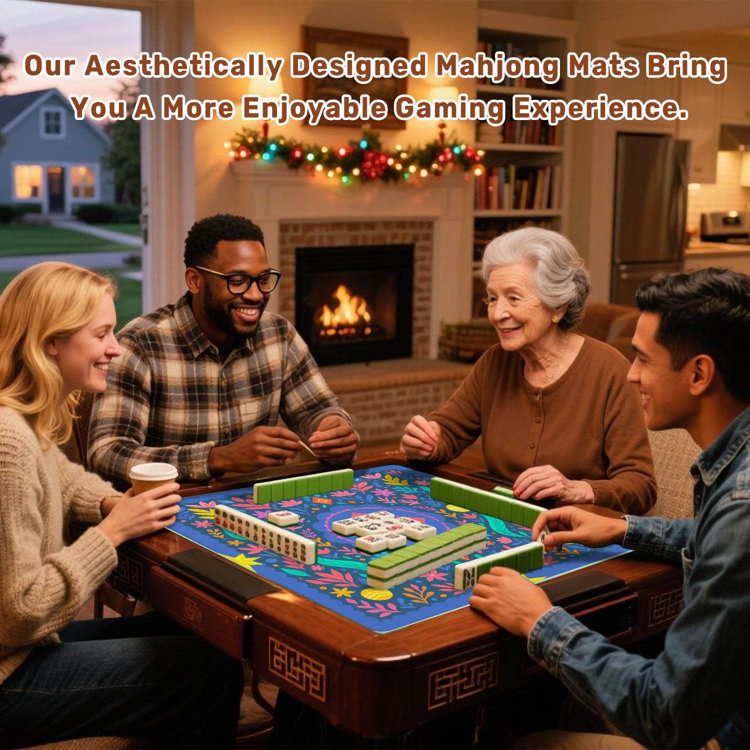 Mahjong Mat 31.5" x 31.5" Vibrant Floral Geometric Center Bright Colors Intricate Anti-Slip and Noise Reduction Symmetry Design Mahjong Tiles Table Cover for Dominoes Poker Card Board and Tile Games