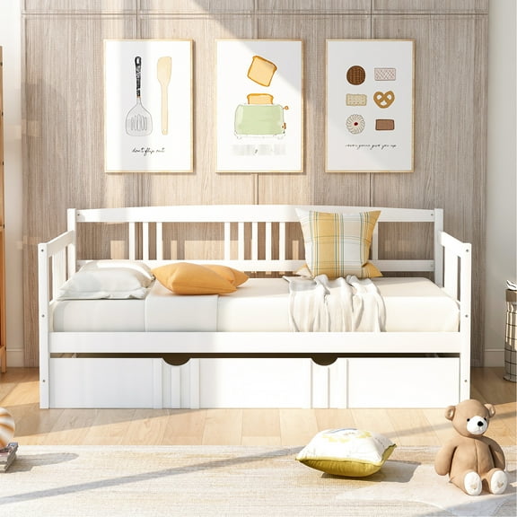White Daybed With Twin Hideaway Trundle, Solid Wood For Various Rooms Size Robust Build Extra Sleeping Space