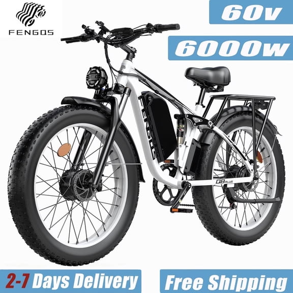 FENGQS 6000W Dual Motor Electric Bike for Adults, Up to 50MPH, 60V 1200Wh Battery, Full Suspension, Hydraulic Disc Brakes-(White)