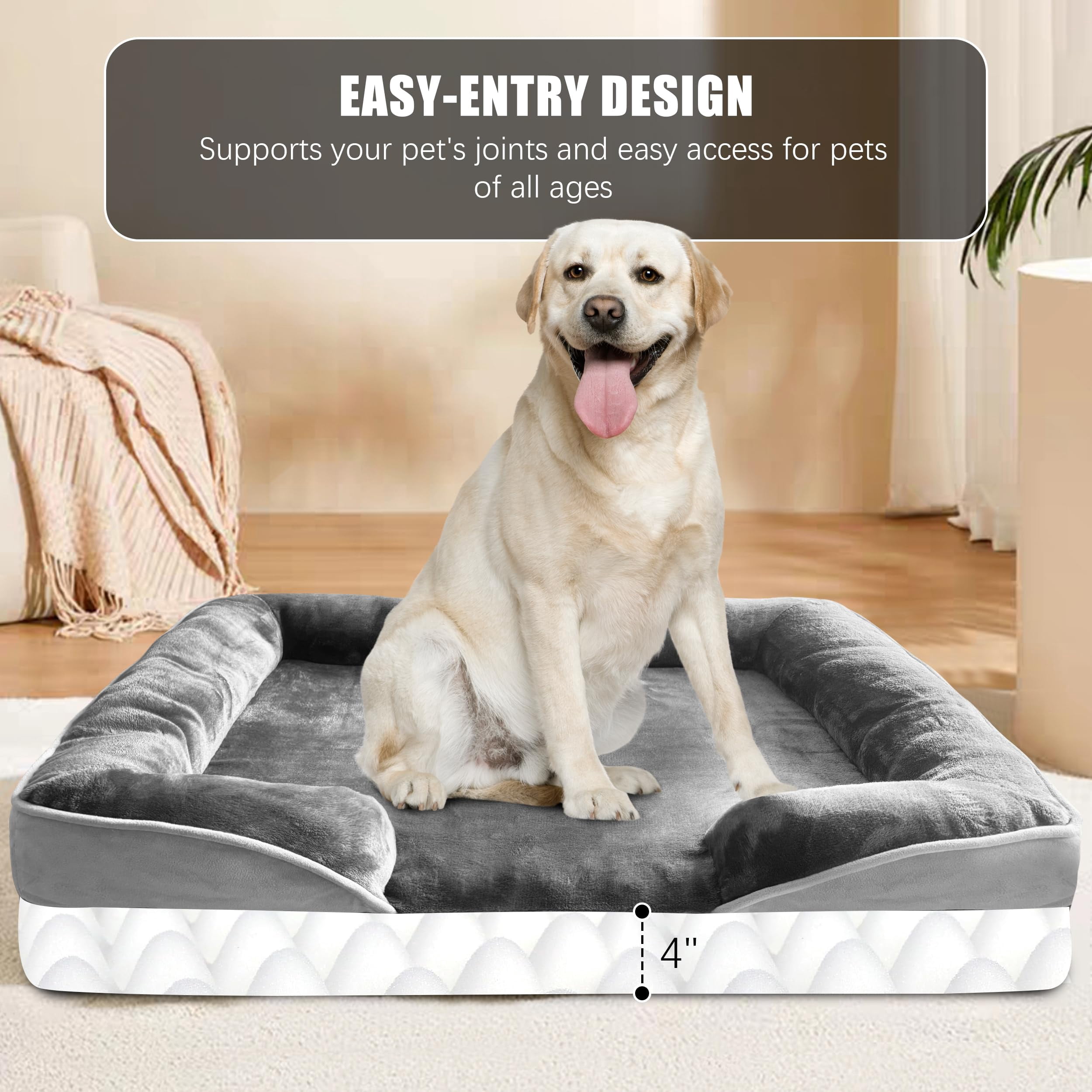 Dog Bed With Sides - Sofa Beds For Extra Large Dogs  Supportive Foam Pet Couch Washable Removable Cover Waterproof Lining And Non-slip Bottom Grey Xl-plus