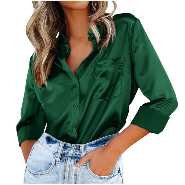 cfhntfmh Long Sleeve Shirts for Women Satin Lapel Collared Buttons down Blouses Fall Soft Plus Size Office Work Tops with Pockets