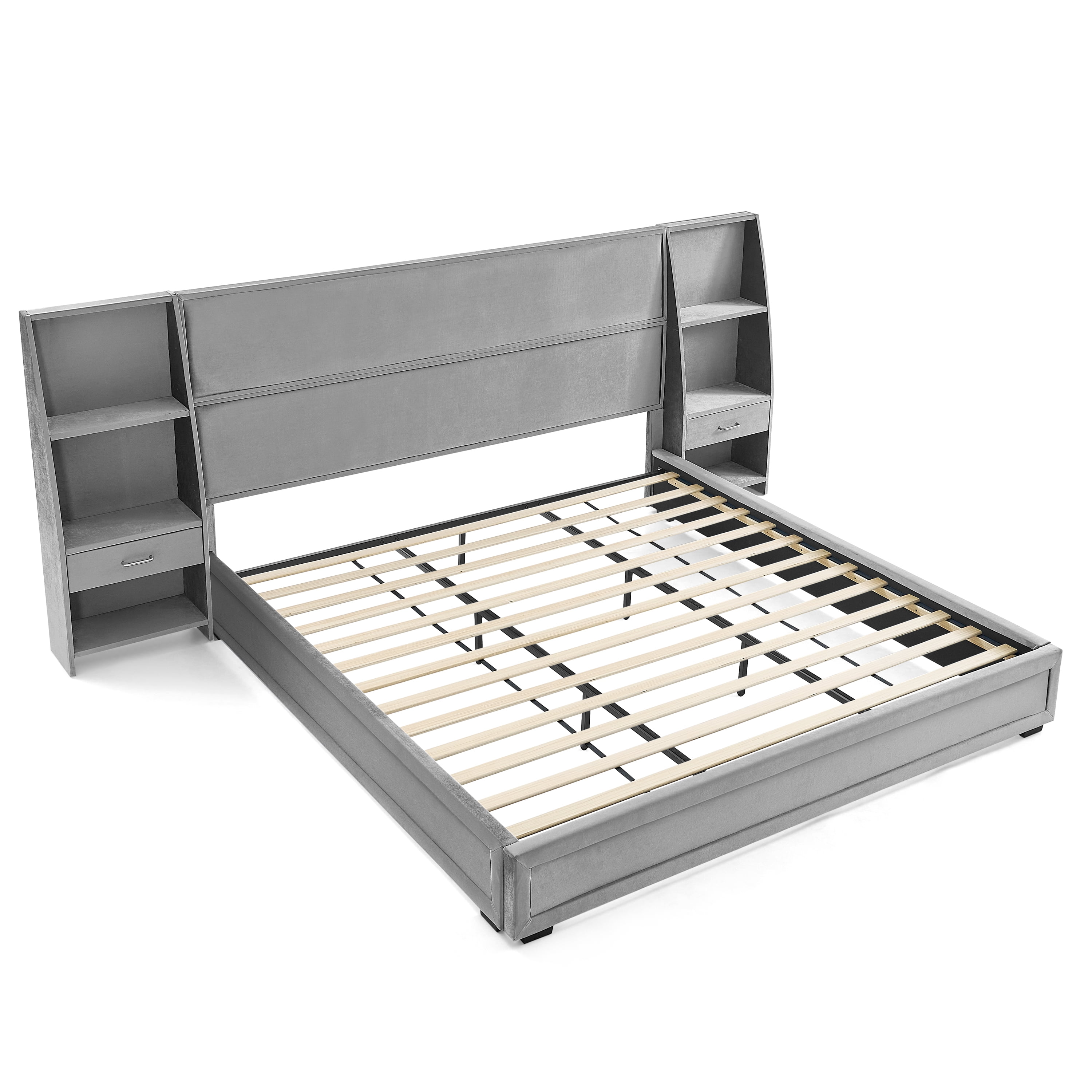 Howcool King Size Upholstered Platform Bed Frame with Storage Drawers,Glossy Velvet Headboard and Side Bookcases,Gray