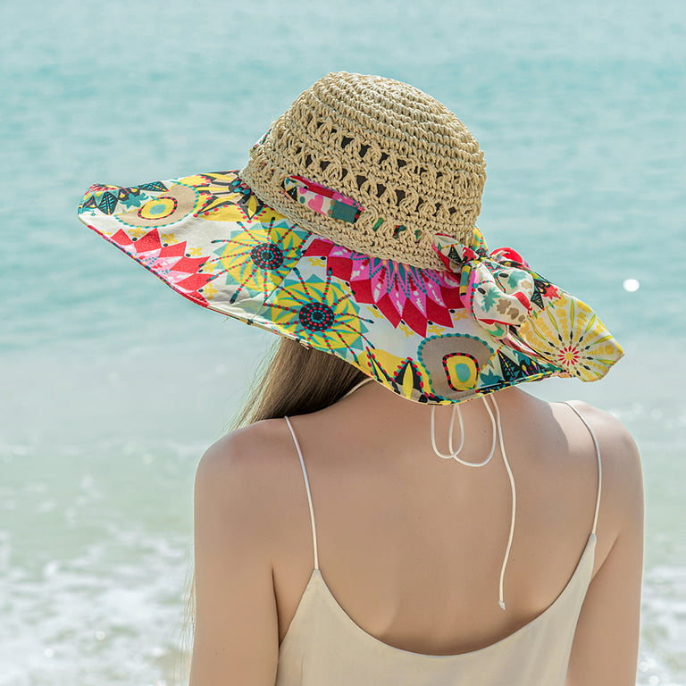 Women's Outdoor Sun Hats, UV Protection Foldable Sun Hats, Mesh Wide Brim  Sun Hats, Beach Fishing Straw Hat with Floral Bow 