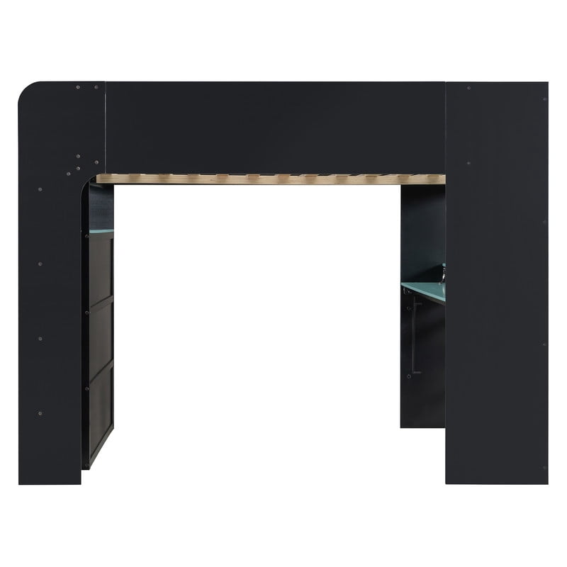 Full Size Wood Loft Bed with Desk, Wardrobe and Storage, Height Adjustable Gaming Loft Bed with USB Charging Port, RGB LED Light Strip, PC Tower Space and Shelves for Bedroom