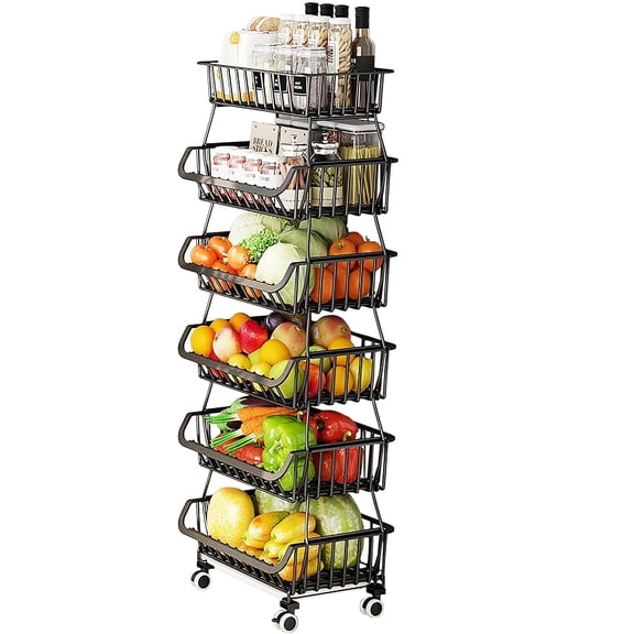 Fruit Vegetable Storage Baskets with Wheels, 6 Tier Stackable Wire Storage Baskets, Tall Standing Produce Kitchen Rack, Narrow Rolling Cart for Pantry Snack Onion Potato, Black
