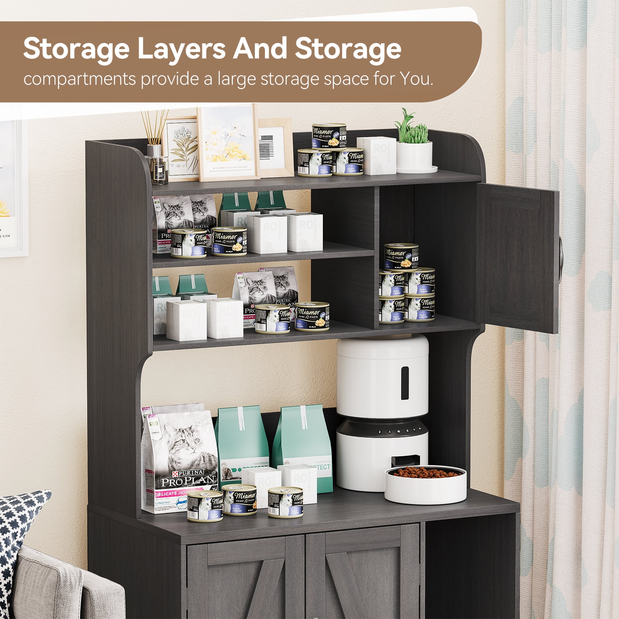 Large Hidden Litter Box Furniture with Shelves and Cabinet,Farmhouse Cat House Washroom with Scratch Pad,Wooden Enclosure for Self-Cleaning Litter Boxes