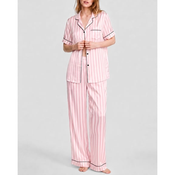 DAKIMOE Silk Satin Pajamas Set for Women Two-Piece Short Sleeve Shirt with Long Pajama Pant Set Soft Button Down Loungewear Nightwear Pjs Sleepwear for Women