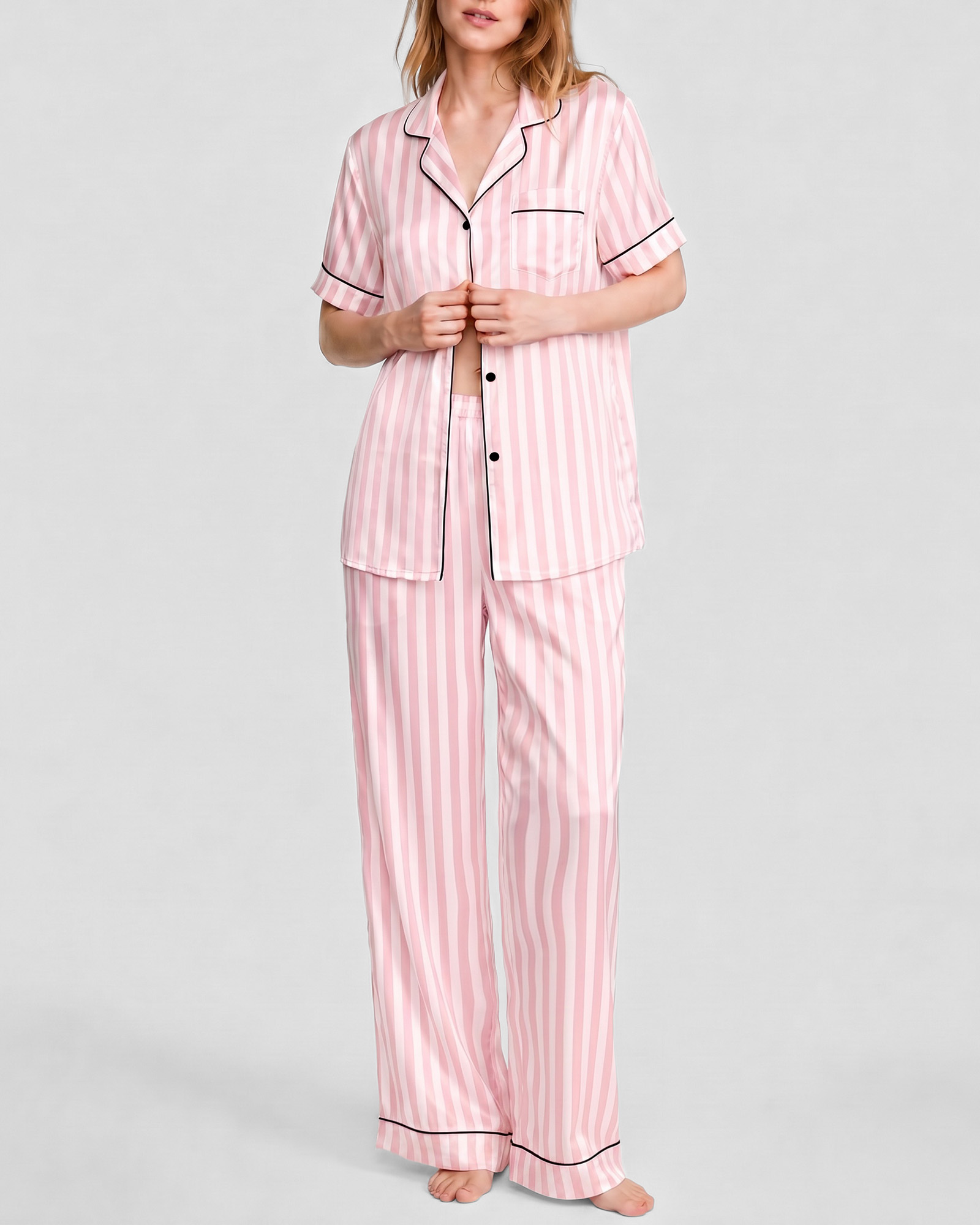 DAKIMOE Silk Satin Pajamas Set for Women Two-Piece Short Sleeve Shirt with Long Pajama Pant Set Soft Button Down Loungewear Nightwear Pjs Sleepwear for Women