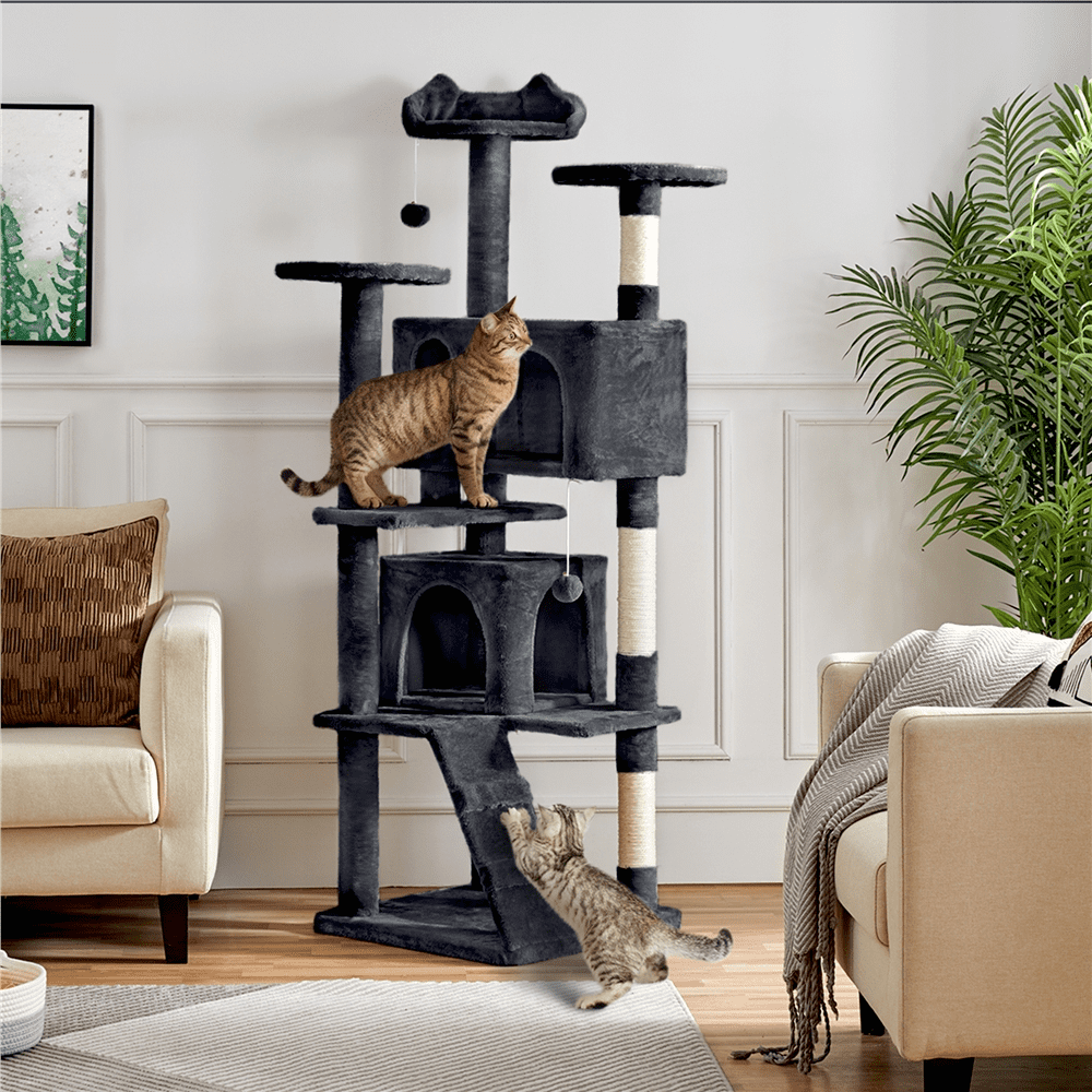 Alden Design 70" H Double Condo Cat Tree with Scratching Post Tower, Black