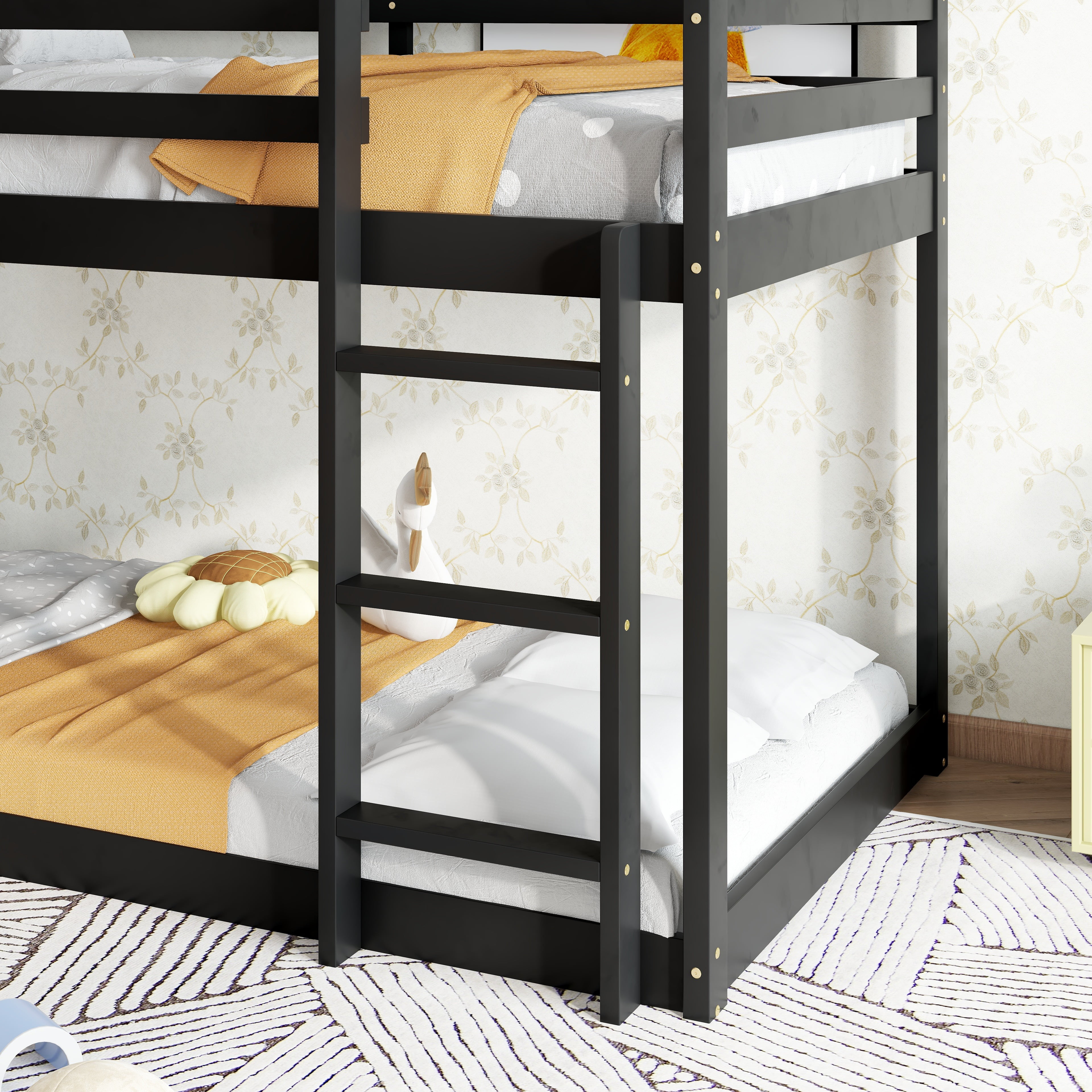 Sailvan Twin over Twin Rubber Wood Floor Bunk Bed, with ladder,Guardrails,House-Shaped-Bunk Bed