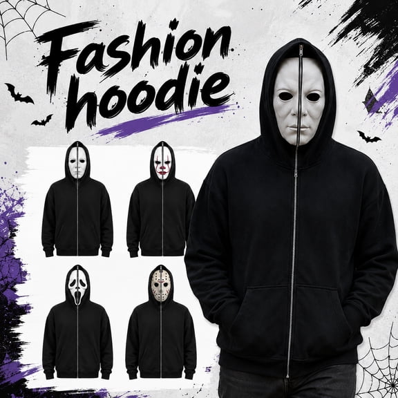 Horror Killer Halloween Costume,Spooky Face Mask Full Zip Hoodie Sweatshirt Gown for Adult Men Women for Cosplay Costume Party & Festival,Size M