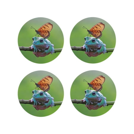

KLL Drink Coasters Set Round Shape of 4 PU Leather Absorbent Coasters Set Decorative Coffee Cup Coasters Housewarming Gift for Home Decor-Butterfly Landing On Head Dumpy Frog
