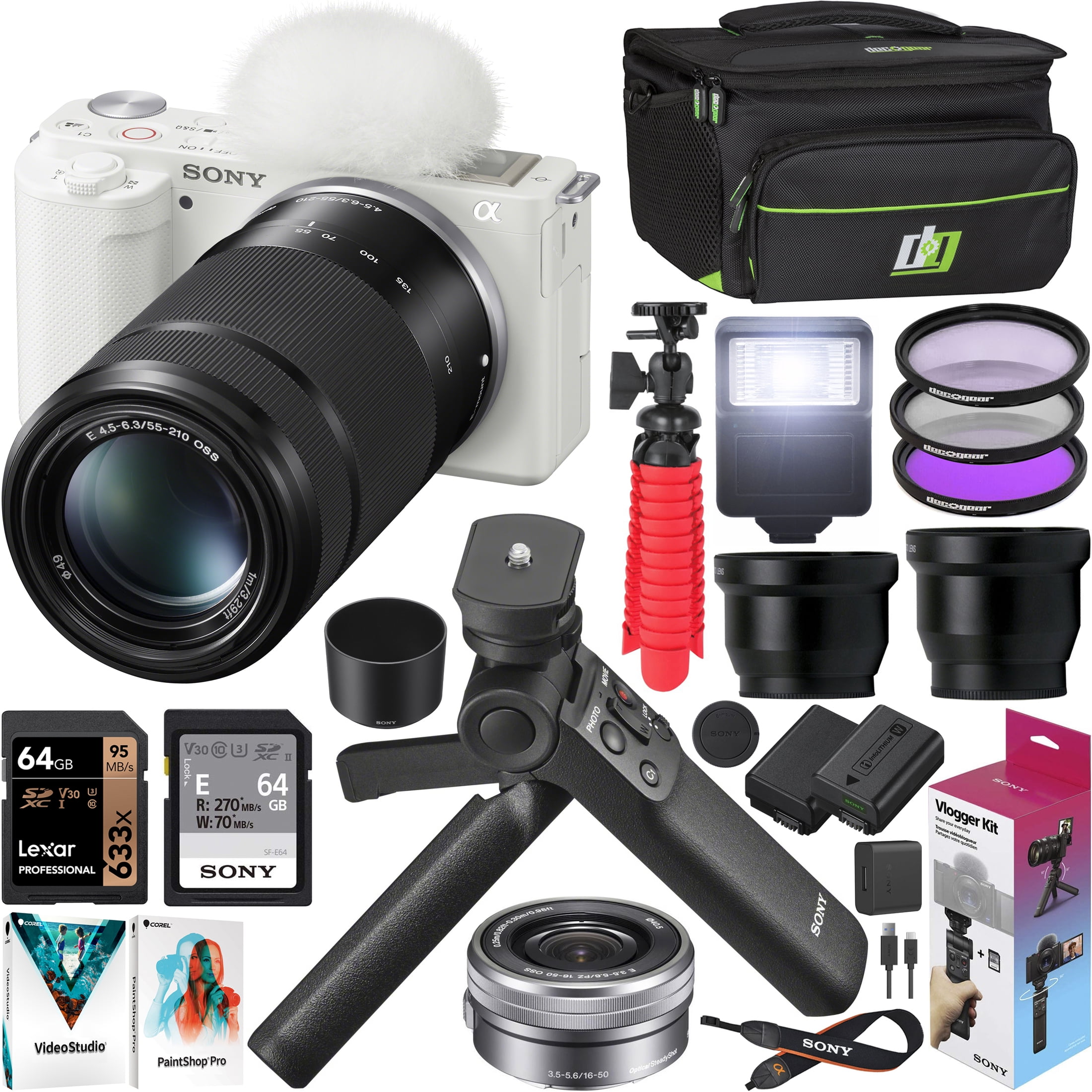 Wide & Telephoto Lenses Deco Gear Case & Accessories Filters Sony ZV-E10 Mirrorless Camera 2 Lens Vlogger Kit 16-50mm 55-210mm ILCZV-E10L/B Black Bundle with ACCVC1 Including GP-VPT2BT Grip