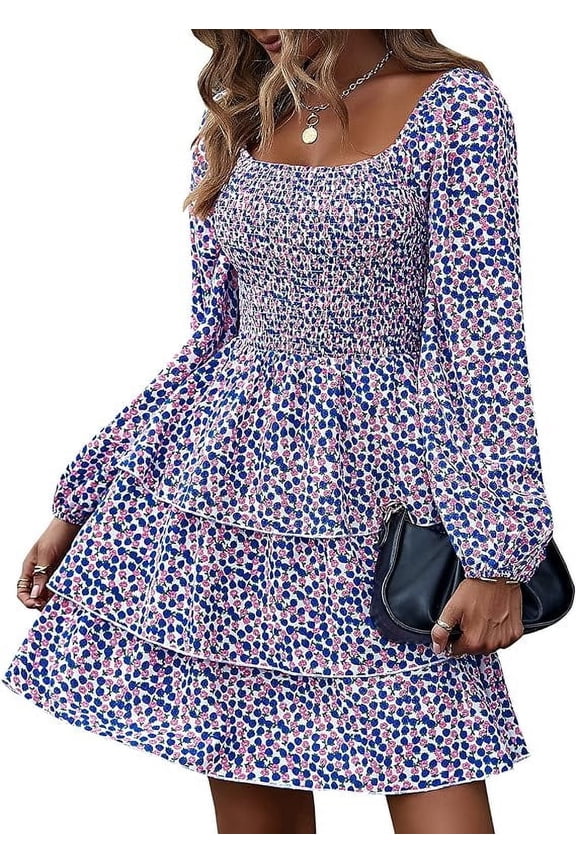 Women Square Neck Smocked Dresses Summer Spring Long Sleeve Floral Swiss Dot Mini Boho Wedding Guest Dress