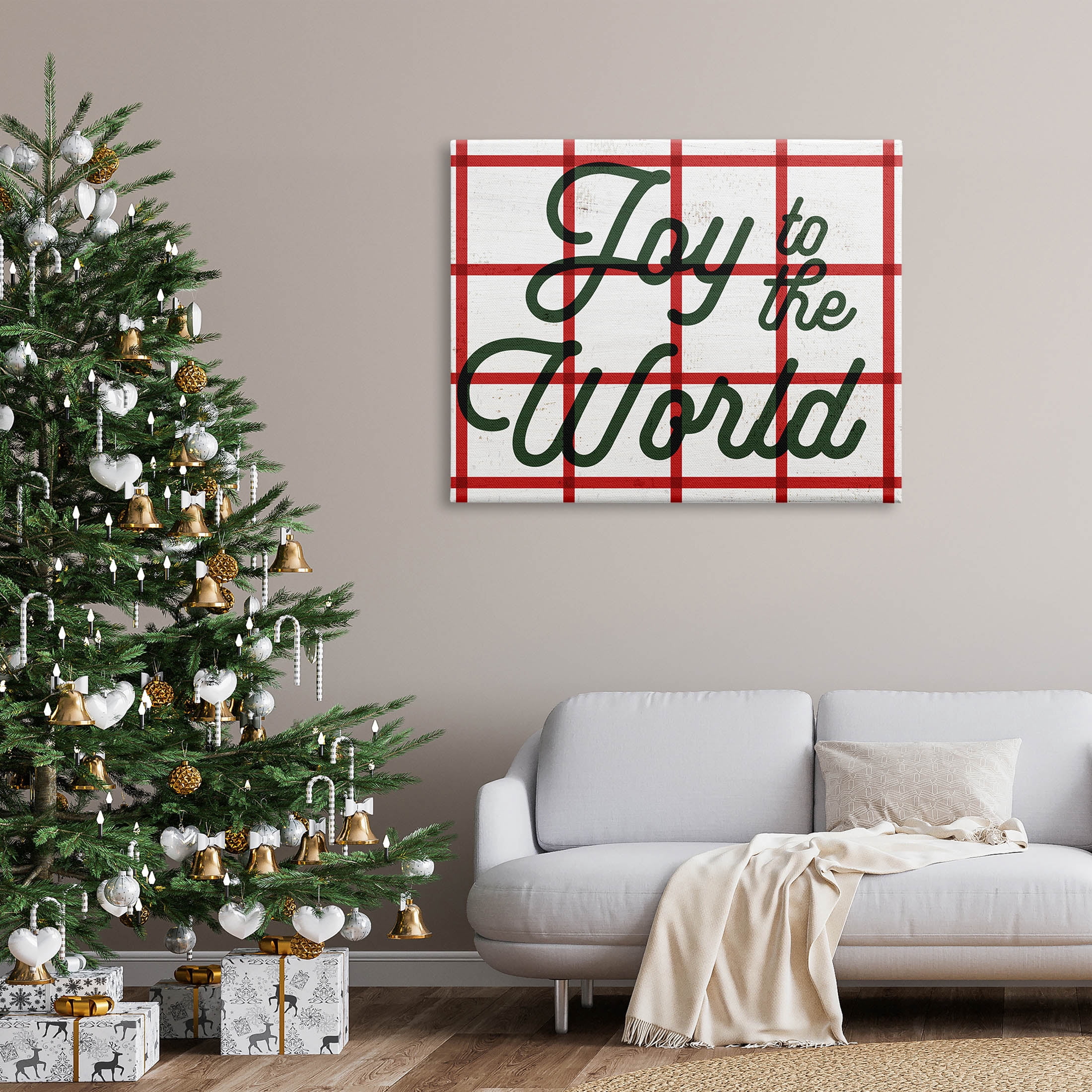 Joy To The World Tartan Phrase Holiday Graphic Art Gallery Wrapped Canvas Print Wall Art