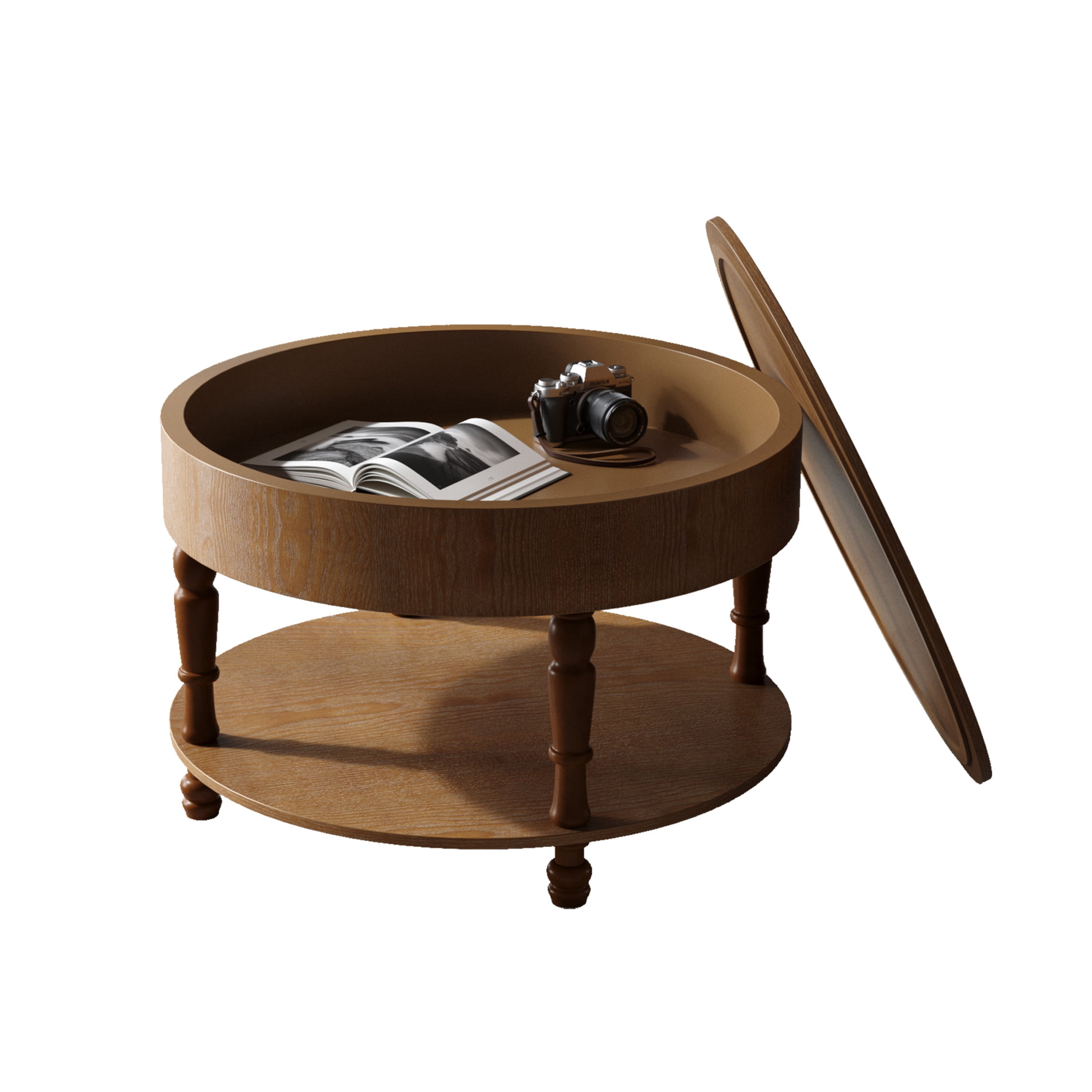 Noble House Coffee Table with Dual Storage for Living Room, 31.5" Modern Round Coffee Table with Storage and Hidden Compartment, Adjustable Leveling Feet, Walnut Brown