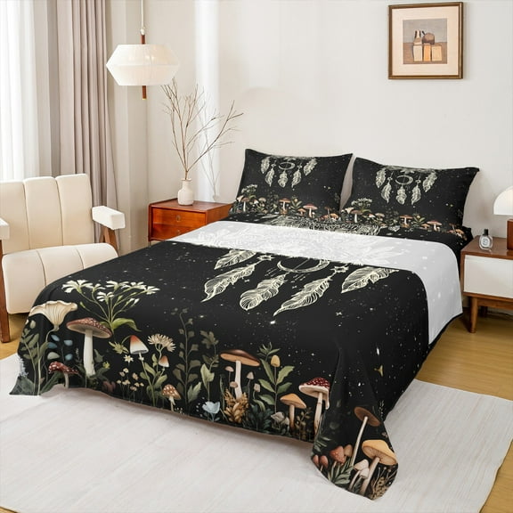 Manfei Retro Dreamcatcher Twin Sheet Sets,Natural Plant Mushroom Twin Fitted Sheet,Country Farmhouse Cabin Flat Sheet For Children,Breathable Home Decor,3 Pieces