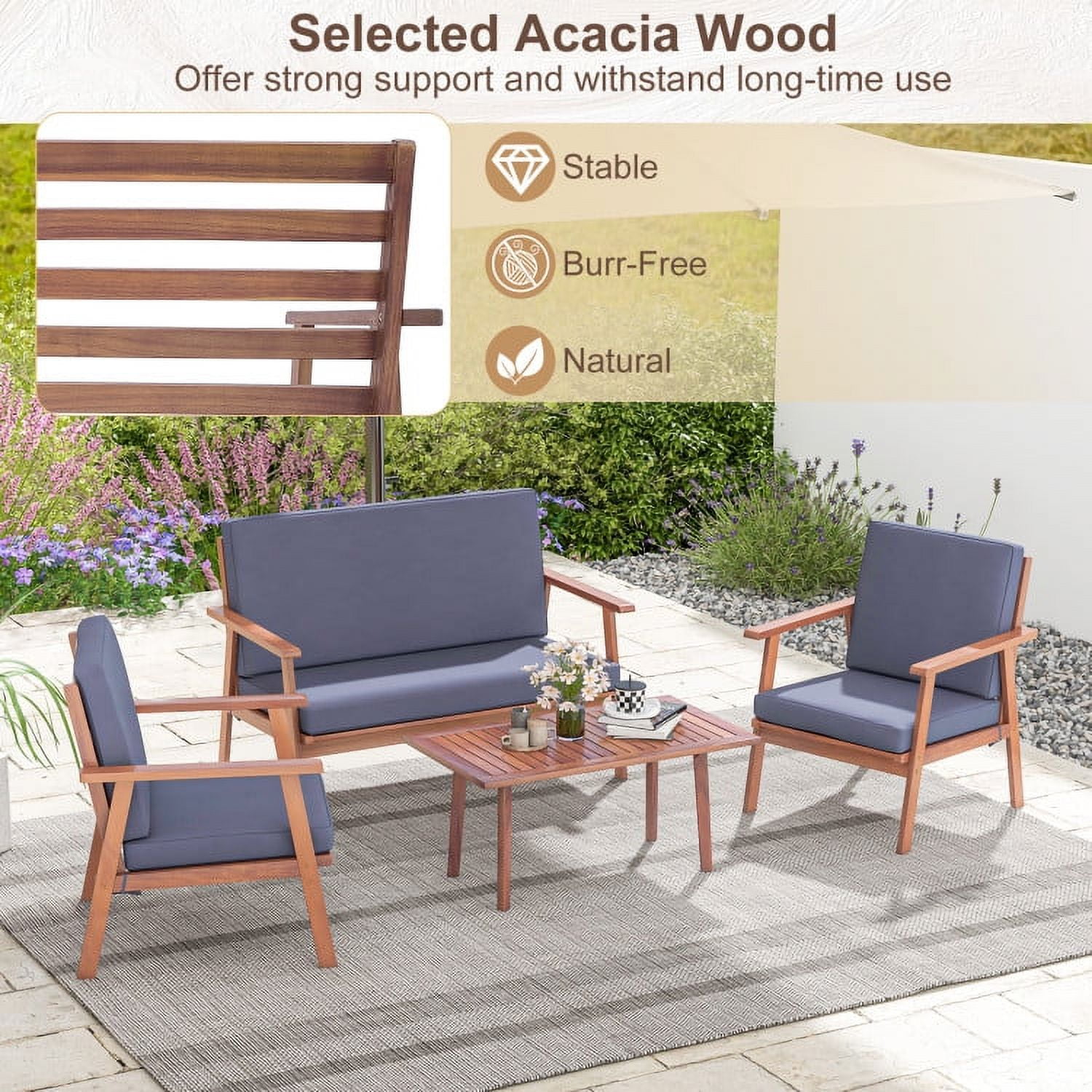 Aimee Lii 4 Piece Outdoor Acacia Wood Conversation Set, Outdoor Patio Set with Soft Seat and Back Cushions, Gray Aimee Lii 4 Piece Outdoor Acacia Wood Conversation Set, Outdoor Patio Set with Soft Seat and Back Cushions, Gray