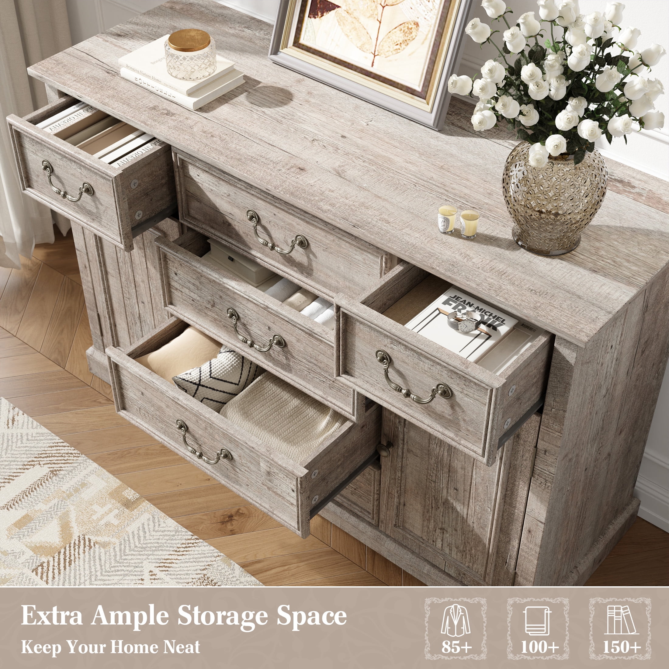 EnHomee 6 Drawers Dresser with Barn Door,Wooden Dresser for Bedroom,Rustic Chest of Drawers for Living Room Entryway Hallway,47.2" Wx33.5 H x15.7 D,Rustic Oak