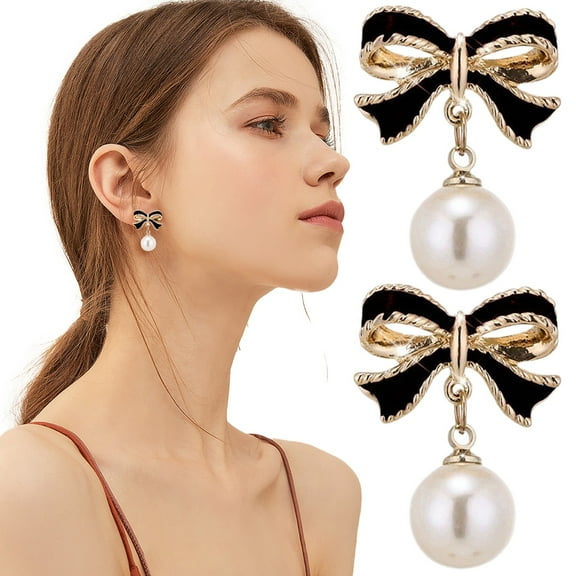 HmNPlay Bow Pearl Earrings Dangle Drop Jewelry Coquette Style Valentine's Day Gift for Women Wife Mom Elegant Korean Fashion Statement Accessories for Wedding Birthday Party