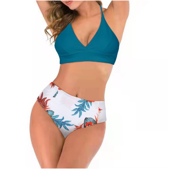 Lilgiuy Women Charming With Chest Pad Without Underwire Printed Double Shoulder Bikini Strappy Split Swimsuit Push Up Relaxing Bathing Suits