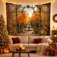 thumbnail image 3 of Stone Fountain in Autumn Garden Through Ornate Window, Romantic Rustic for Nature Lovers, Tranquil Botanical Wall Art, Housewarming Gift, Tapestry Wall Hanging for Living Room and Dorm, 3 of 7